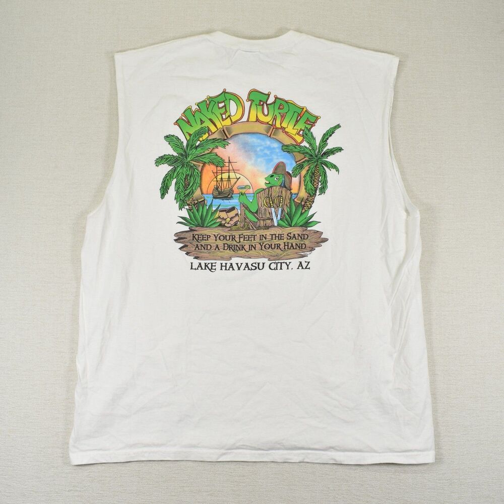 Naked Turtle Beach Bar Lake Havasu White 2XL Feet In Sand Drink In Hand Tank Top